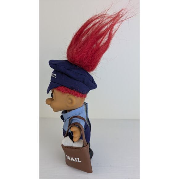 Vintage Russ Troll Doll Mailman 5" Red Hair Blue Uniform Cap Brown Mailbag - Picture 2 of 5